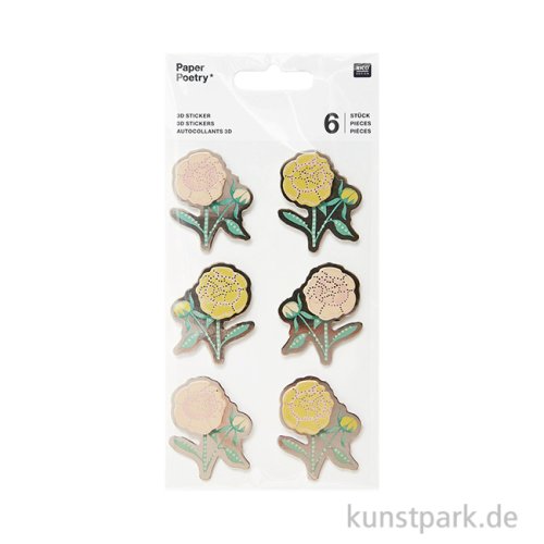 3D Sticker - Pfingstrosen, Blumen, 6 Aufkleber