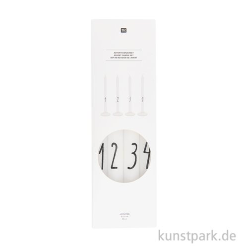 Adventskerzen Set mit Zahlen, 1-4, Weiß, 2,2 x 28 cm