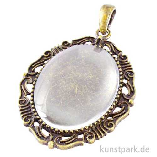 Anhänger Cabochon mit Vintage Zierrand - Oval, Altgold, 4,3 x 5,2 cm