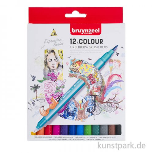 Bruynzeel Fineliner Brush Pen Set mit 12 Farben im Kartonetui