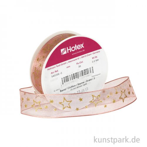Chiffonband Sterne mit Draht - 25 mm x 3 m Einzelfarbe | Altrosa-Gold