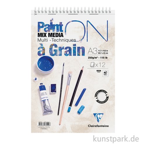 Clairefontaine Paint'ON Papier, Gekörnt, 12 Blatt, 250g, Spiralblock