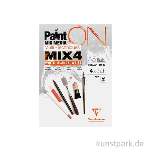 Clairefontaine Paint'ON Papier, Mixed Media, MIX 4, 250g, 12 Blatt DIN A5