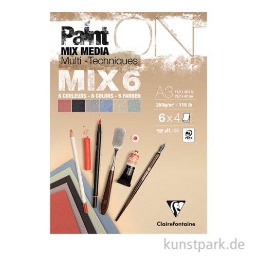 Clairefontaine Paint'ON Papier, Mixed Media, MIX 6, 250g, 24 Blatt