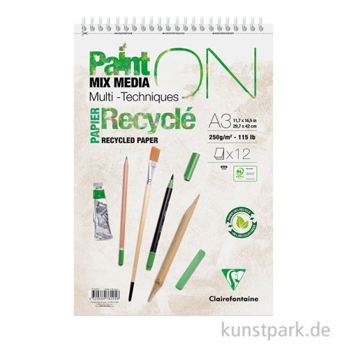 Clairefontaine Paint'ON Papier, Recycling, 12 Blatt, 250g, Spiralblock