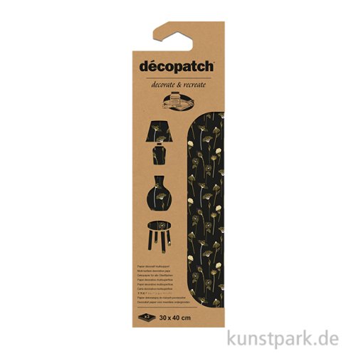 DECOPATCH Papier 888 Blumen Gold-Schwarz, 3 Stück