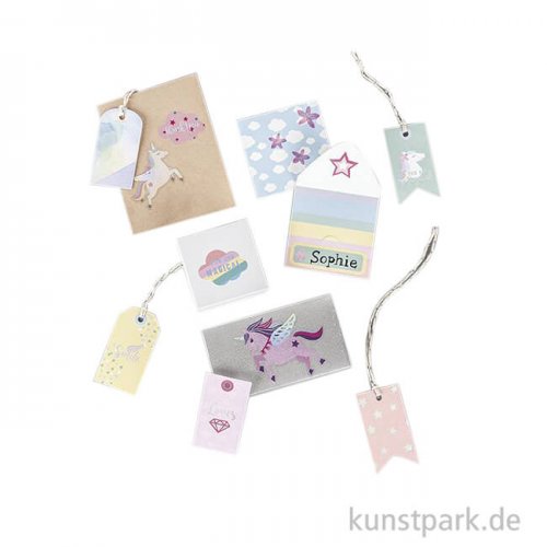 Geschenkverpackung Set - Unicorn mit Tags, Stickern & Kuverts, 12 Bogen