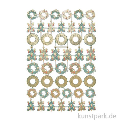 Glanzbilder - Kränze, Weihnachtsbäume, 1 Bogen, 17 x 25 cm