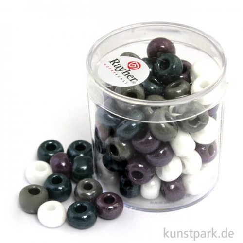 Glas-Großlochradl Grau-Lila-Weiß Mix, opak, 55 g Dose | 6,7 mm