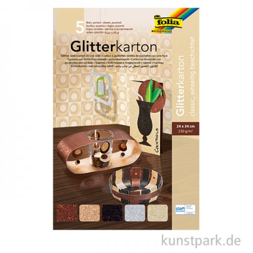 Glitterkarton Classic, 24 x 34 cm, 5 Blatt farbig sortiert, 300g/m²