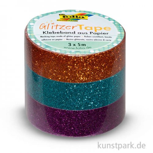 Glitzer-Tape - Kupfer-Türkis-Violett, 3er-Set, 15 mm, 5 m