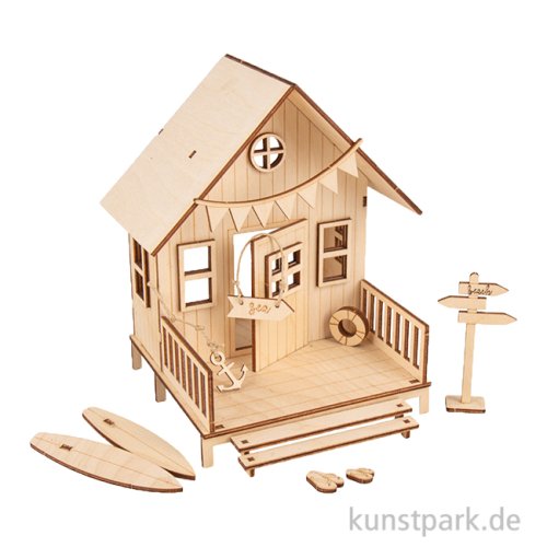 Holzbausatz Strandhaus, Natur, 13,5 x 13 x 18 cm, 36-teilig
