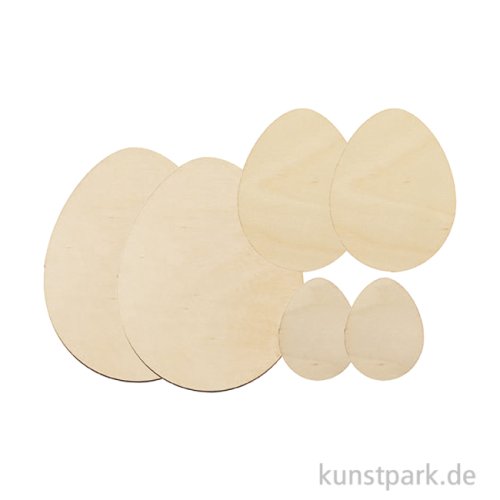 Holzeier zum Bemalen, Flach, Natur, Set mit 3 Größen, 6 Stück