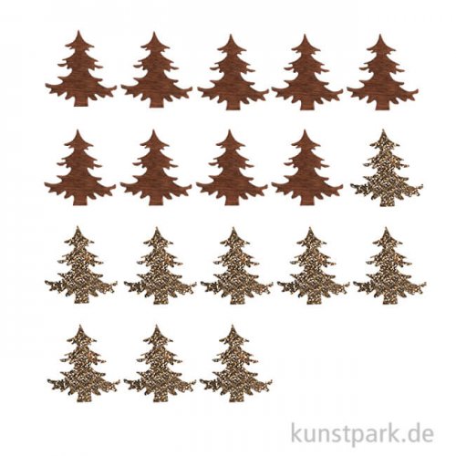 Holzstreuteile, Bäume Braun / Gold Glitzer, 2 cm, 18 Stück