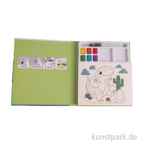 Kinder Malblock mit Wasserfarben, 15,8 x 18,7 cm, 29 Motive, Dino