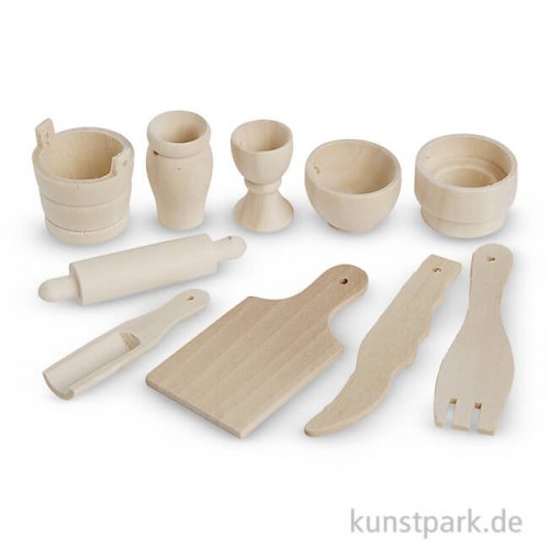 Mini Küchenutensilien aus Holz, 40-60 mm, 10 Stück sortiert