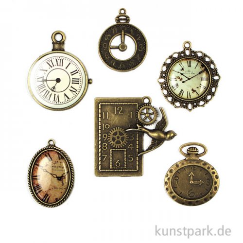 Metallcharms Vintage - Uhr, 6 Stück sortiert