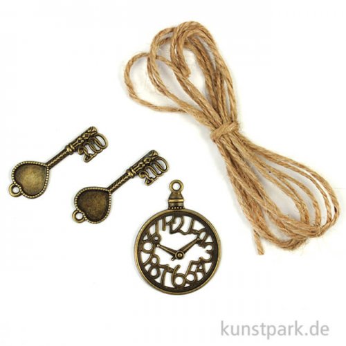Metallcharms Vintage - Uhr und Schlüssel, 3 Stück sortiert