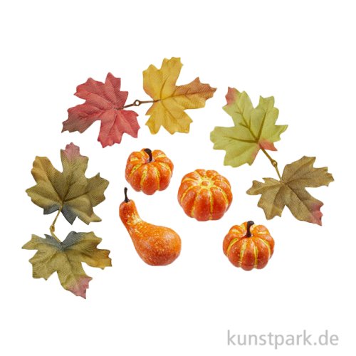 Mini Herbst Deko Set, Kürbisse + Blätter, 3-5 cm, 7-teilig