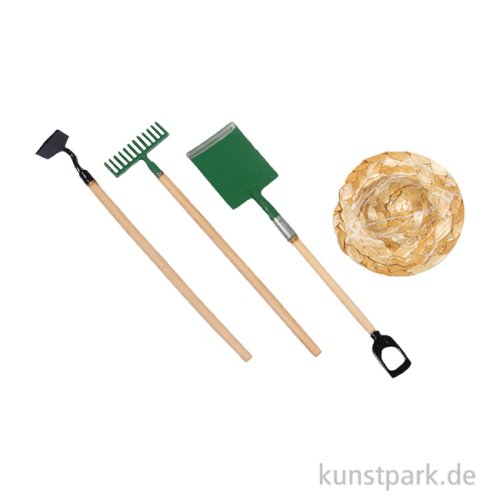 Miniatur Deko Set, Gartengeräte + Strohhut, 4-teilig, 4-9,8 cm