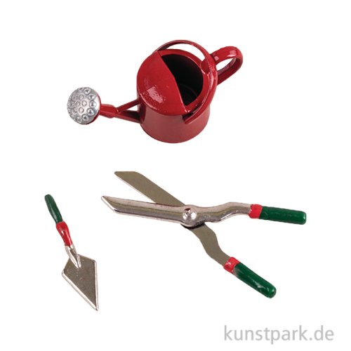 Miniatur Deko Set, Gießkanne + Gartenwerkzeuge, 3-teilig, 2,8-4 cm