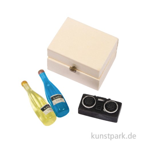 Miniatur Deko Set, Picknickbox, Flaschen + Radio, 4-teilig