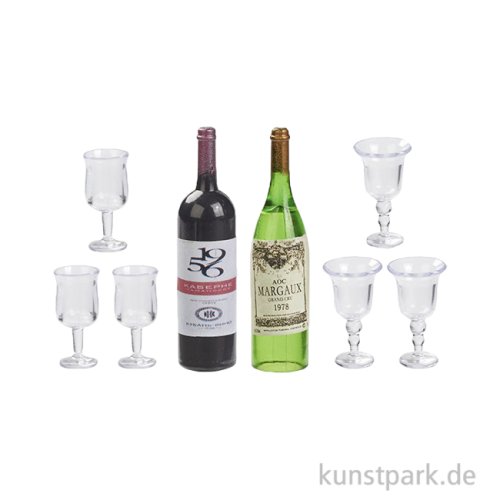 Miniatur Weinflaschen + Gläser, 8-teilig, 4,5 cm