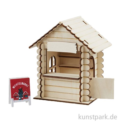 Miniatur Wichtel-Marktbude, Holzbausatz, 15,5 x 11,5 x 15,5 cm
