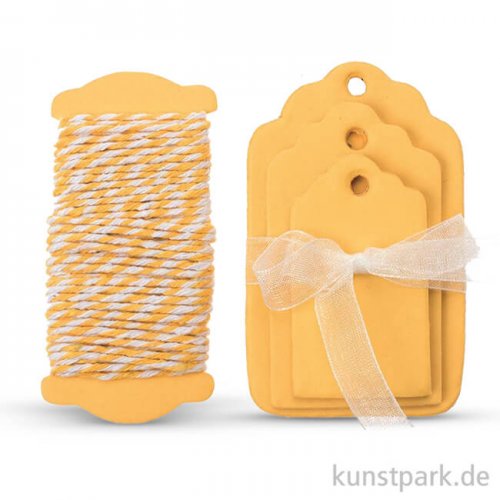 Papier-Etiketten und Band, 15 Stk - Gelb