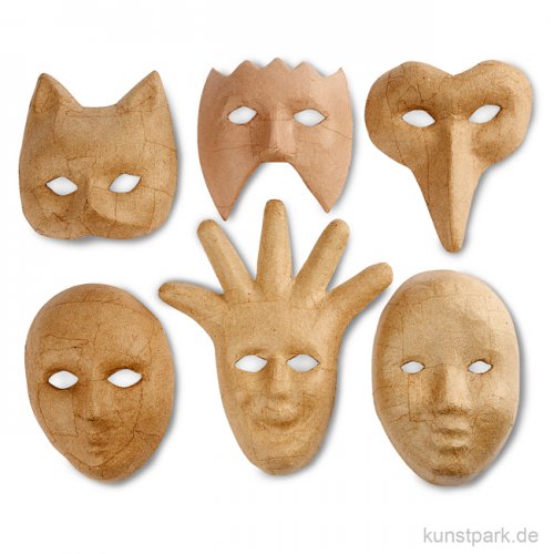 Pappmaché - Masken, Größe 12-21 cm, handgearbeitet, 6 Stück sortiert