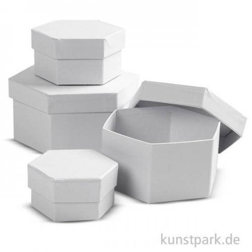 Pappschachtel-Set - sechseckig, weißer Karton, handgearbeitet, 4 Stück sortiert