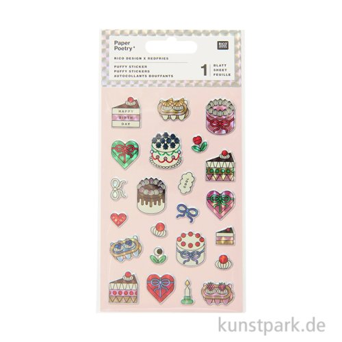 Puffy Sticker - Eye Candy, Torten, Happy Birthday, 1 Bogen