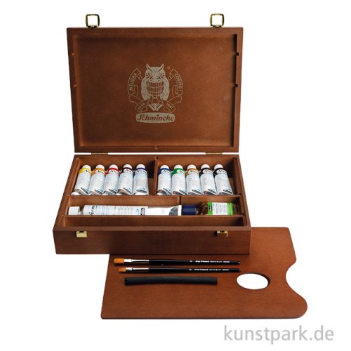 Schmincke NORMA Blue Ölfarben, Holzkasten mit 11 Farben + Zubehör