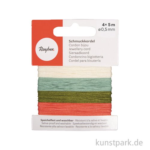 Schmuckkordeln, 0,5 mm, Bunt, 4 Farben, je 5 Meter