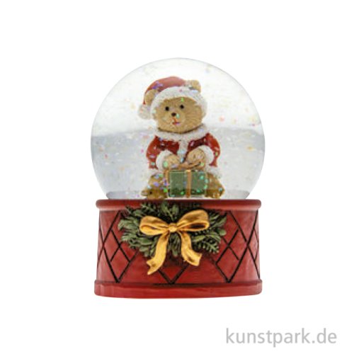 Schneekugel mit Weihnachtsbär, Keramik, Rot-Grün, 6,5 x 8,7 cm