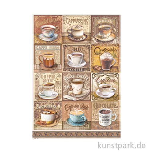 Stamperia Reispapier - Coffee and Chocolate Tags with Cups, DIN A4