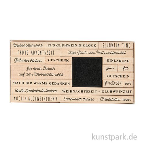 Stempelset - Weihnachtsmarkt Texte, 20 Holzstempel + Stempelkissen