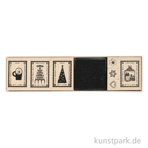 Stempelset - Weihnachtspost, 11 Holzstempel + Stempelkissen