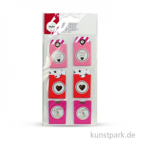 Sticker Tags - Made with love - Bunt, 3,2 x 5,3 cm, 6 Stück sortiert