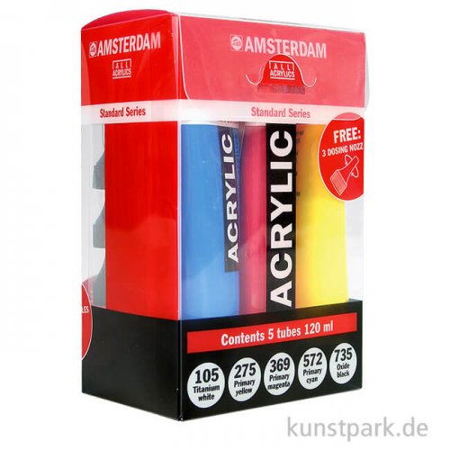 Talens AMSTERDAM Acrylfarben Set mit 5 x 120 ml und 3 Dosierspitzen