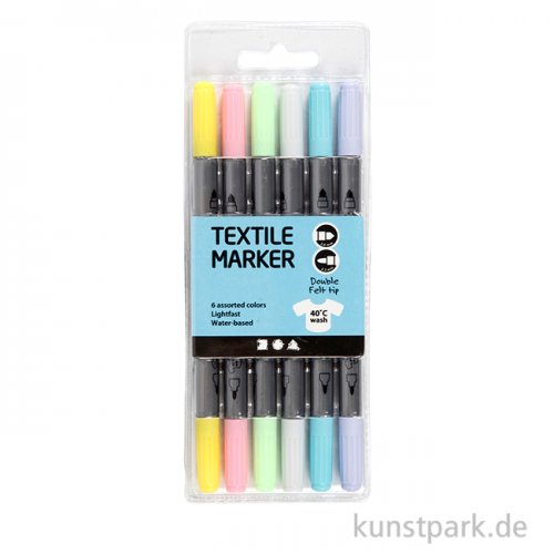Textil-Marker mit 2 Spitzen in Pastellfarben, 6er Set