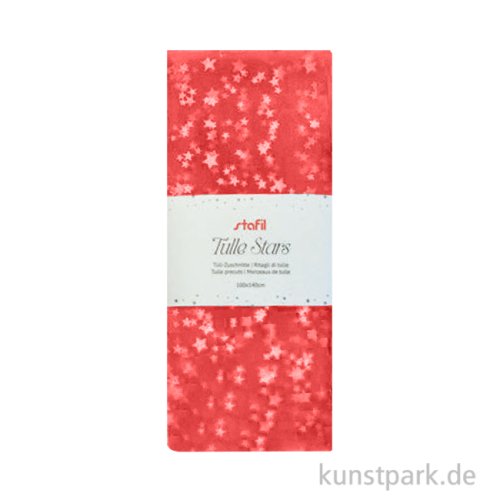 Tüllstoff mit Silbersternchen, Rot, 1,4 x 1 Meter