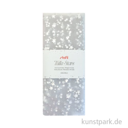 Tüllstoff mit Silbersternchen, Weiß, 1,4 x 1 Meter