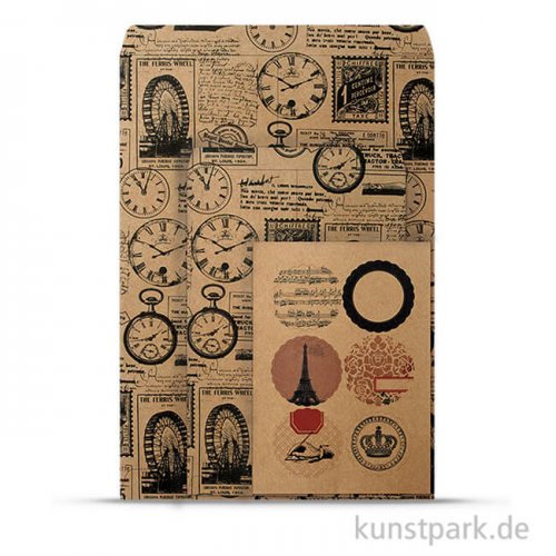 Vintage Tüten-Set - Time aus Kraftpapier, 10,5 - 21 cm, 6 Stück sortiert
