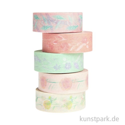 Washi Tape Set - Blumen, Pastell, 5 Stück, je 10 m