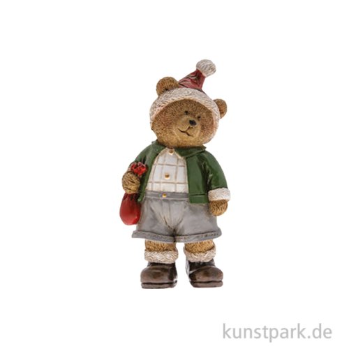 Weihnachtsbär mit Sack, Keramik, Grün-Blau-Rot, 6,8 x 5 x 14,2 cm