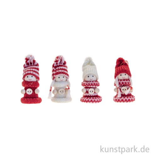 Weihnachtsfiguren zum Hängen, Strick, Rot-Weiß, 7 cm, 4er Set