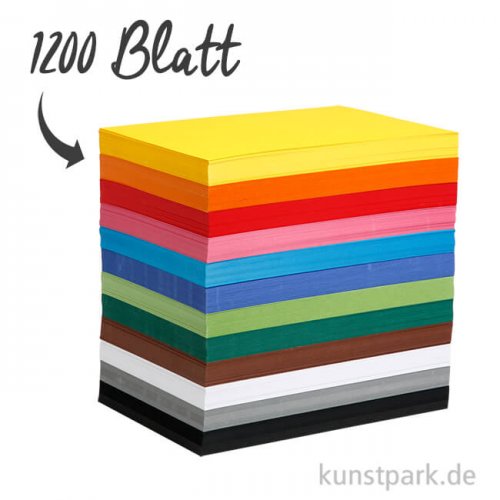 XXL Set - Bastelkarton, 1200 Blatt, DIN A4, 180 g, 12 Farben sortiert