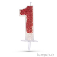 Zahlenkerze mit Glitter und Halter, 10 cm 1 - Rot