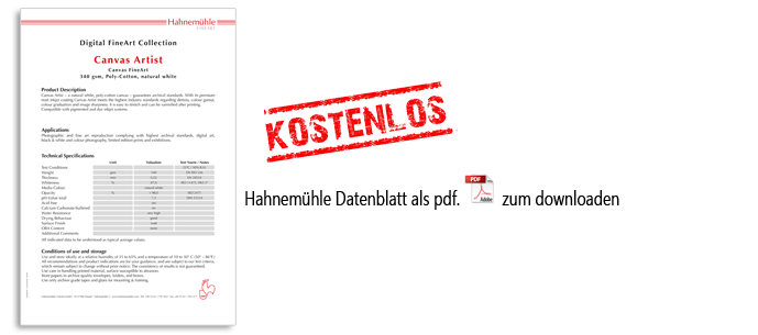 Hahnemühle Canvas Artist Digital Papier Datenblatt kostenlos downloaden
